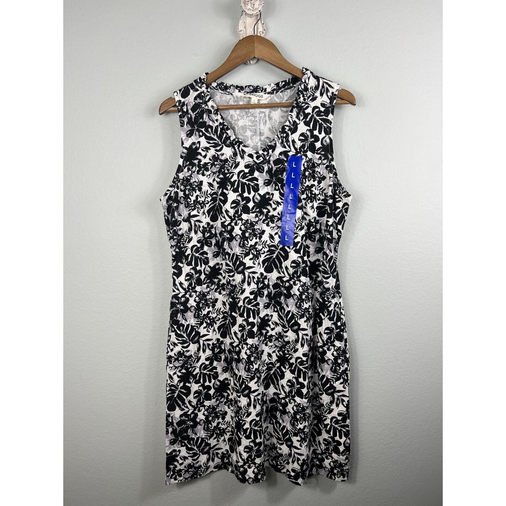 Briggs‎ Women's Large Linen Blend Ruffle V-Neck Dress Sleeveless Pockets NEW